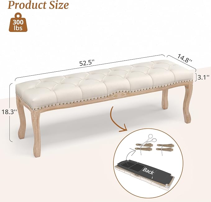 Bedroom Bench, French Vintage Entryway Bench 52.5" Carving Upholstered End of - Image 3