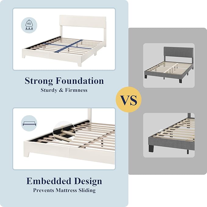 Allewie Queen Size Bed Frame with Adjustable Headboard, Faux Leather Platform Bed with Wood Slats, Heavy Duty Mattress Foundation, No Box Spring Needed, Noise-Free, Easy Assembly, White