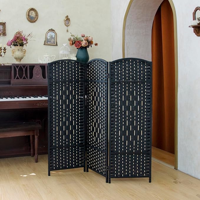 Compact 3 Panel Short Room Divider, 47.2 Inch Tall Double-Sided Rattan Folding by PawlaBay