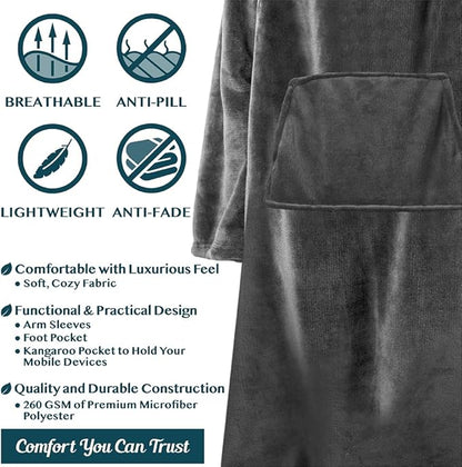 PAVILIA Fleece Blanket with Sleeves, Foot Pockets for Women Men Adults, Plush Wearable Blanket Throw Wrap, Warm Snuggle Blanket Robe, Cozy Gift Ideas Wife Mom, Dark Gray