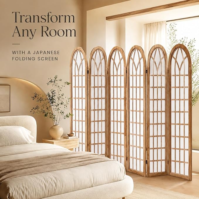 6 Panel Shoji Room Divider Folding Privacy Screen Light Brown | Freestanding - Image 7