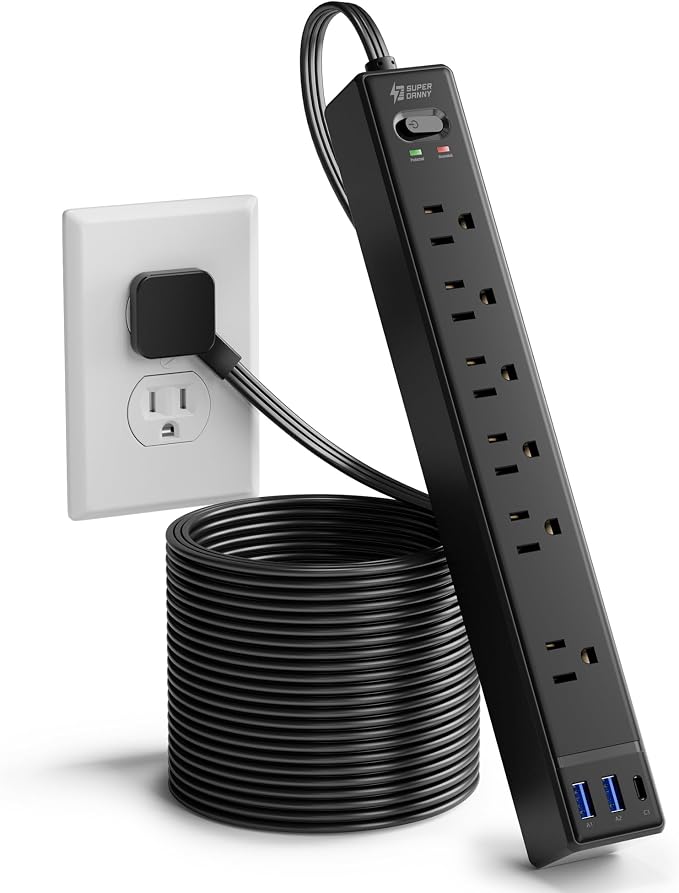 15Ft Long Extension Cord, SUPERDANNY Flat Plug Surge Protector Power Strip | 6 - Image 9