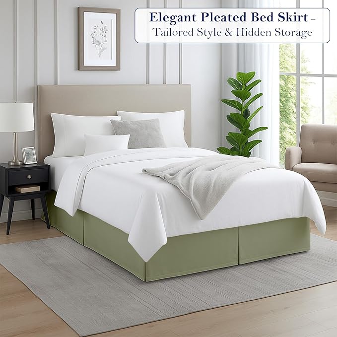 Queen Bed Skirt, Luxury 18 Inch Drop Sage Pleated Bed Skirt, Double Brushed Microfiber, Box Pleat Design, Wrinkle & Fade Resistant, Easy Fit Tailored Bedskirt for Queen Size Beds