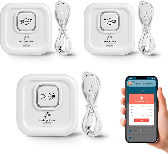 100dB Smart Water Sensor Alarm Water Leak Detectors for Home, with App Remote Monitor and Detection Lines, Wireless Tank Level Monitor for Basement,Kitchen,Bathroom (3pack)