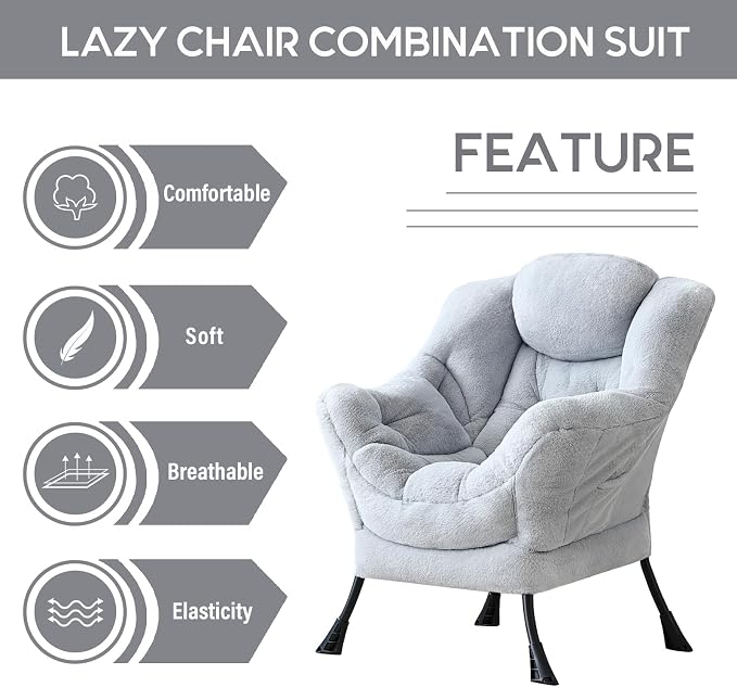 Lazy Chair with Ottoman, Comfy Accent Reading Chair, Plush Grey | Foldable - Image 5
