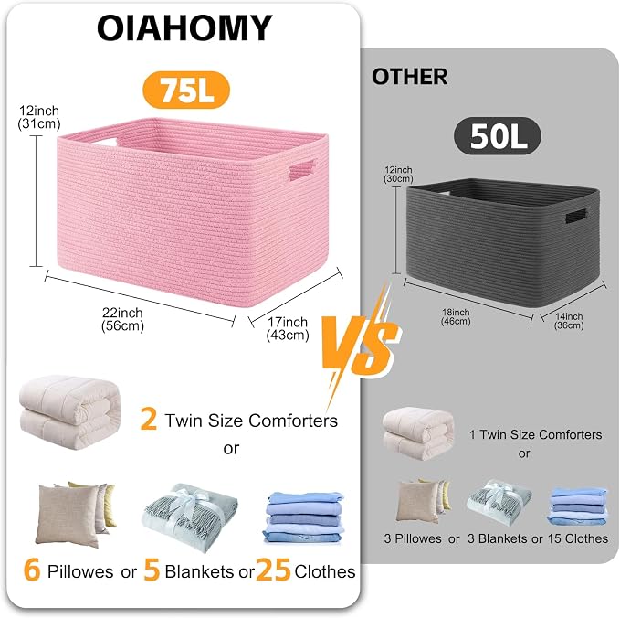 OIAHOMY 75L Blanket Basket, Woven Cotton Rope Basket - Image 2