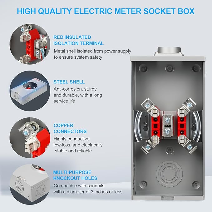 200 Amp Meter Socket, 4 Jaw Meter Base, 600V 3 Wire Ringless Type, with Horn Bypass Meter Cover Plate, Suitable for Overhead/Underground Feed