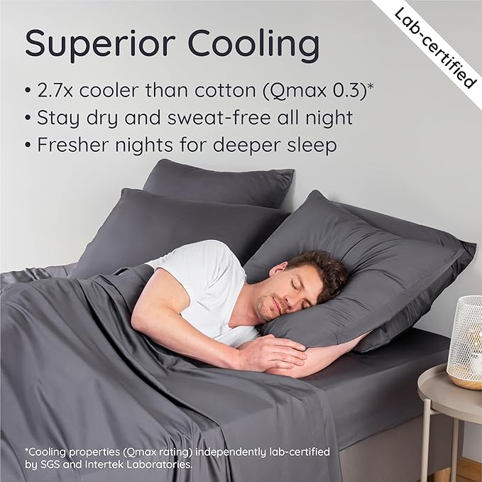 Bambaw California King Cooling Sheets Set 4pcs – 100% Viscose Derived from Bamboo Sheets Extra Deep Pockets, Soft & Breathable Bedding Set, Fits Up to 16'' with Elastic Corner Straps (Charcoal)
