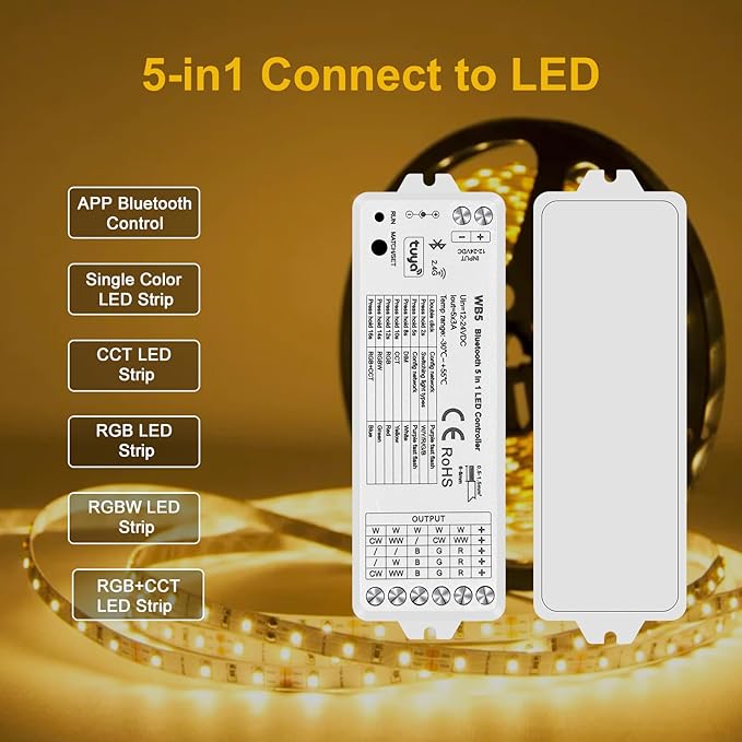 icever 5in1 WB5 LED Controller Bluetooth Control 2.4GHz Dimmable CCT RGB RGBW RGBCCT COB LED Strips - Compatible with Tuya App Echo Alexa Google Home Voice Control