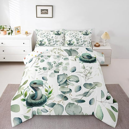 Erosebridal Cute Snake Full Size Comforter Set for Kids Child Green Eucalyptus Bedding Set, Wild Animal Down Comforter Botanical Plant Leaves Bed Set, Cartoon Wildlife Quilted Duvet