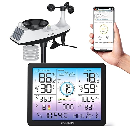 Raddy VP7 Wi-Fi Weather Station, 15-in-1 Wireless Weather Station Indoor Outdoor with Rain Gauge, Wind Speed, Temperature Humidity Monitor, Weather Forecast and Barometer, 7.4'' Digital Color Display