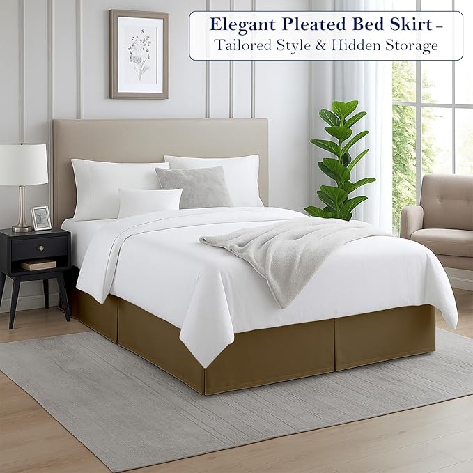 Twin Bed Skirt, Luxury 16 Inch Drop Taupe Pleated Bed Skirt, Double Brushed Microfiber, Box Pleat Design, Wrinkle & Fade Resistant, Easy Fit Tailored Bedskirt for Twin Size Beds