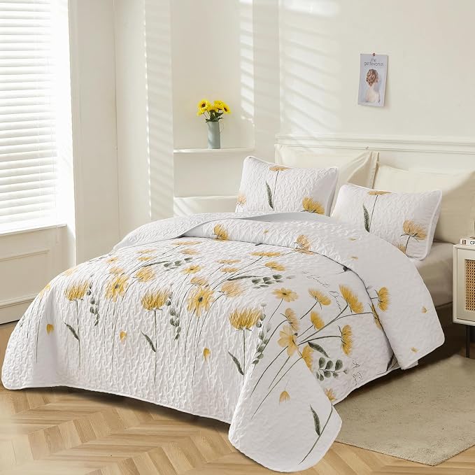 Dinjoy Quilt Set Full Size Yellow, 3 Pieces Floral Parrten Bedspreads | Soft - Image 2