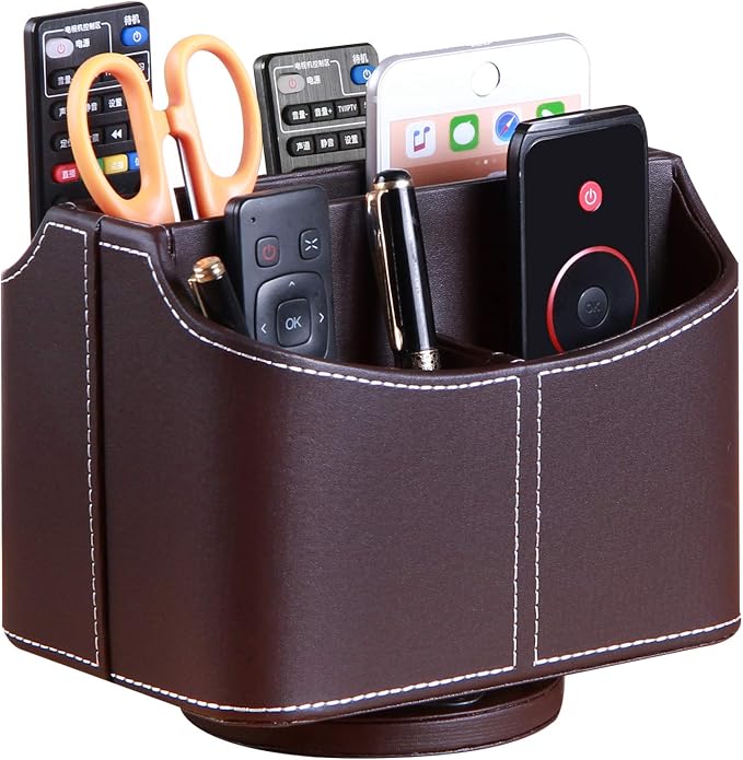 PU Leather 360° Rotatable Remote Control Holder, Nightstand TV Remote Caddy | by PUSU