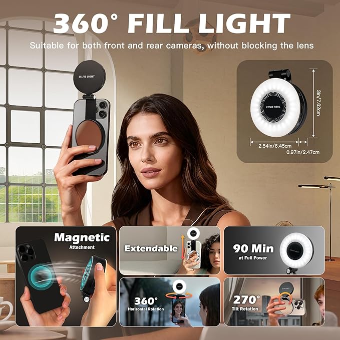 PrielPaek 3-in-1 Magnetic Beauty Selfie Light for Phones, with 2.4" Mirror Magnetic Selfie Light, Adjusted 3 Modes, Rechargeable Fill Light for Selfies, for Photography,Makeup,Vlog,TikTok,Video(Black)