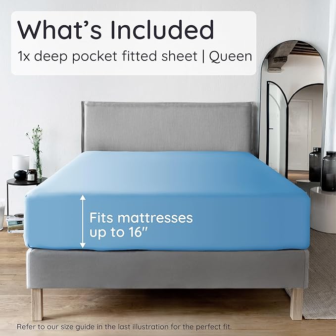 Bambaw 100% Viscose Derived from Bamboo Queen Fitted Sheet with Corner Straps, Cooling Fitted Sheets Queen Size, 16’’ Deep Pocket Soft Fitted Sheet, Queen Bed Fitted Sheet Only (Dream Blue)