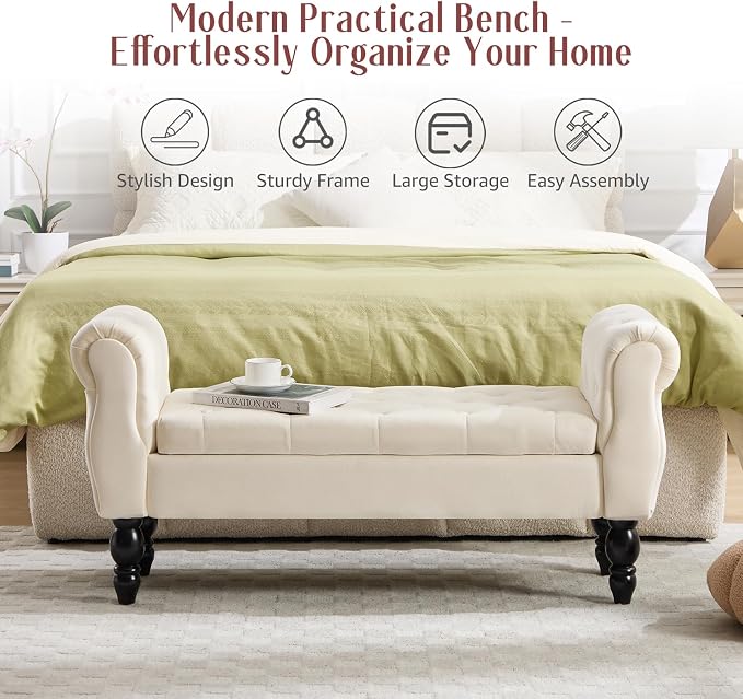 47.6" Storage Bench for End of Bed Bedroom, Velvet Ottoman Bench - Image 6