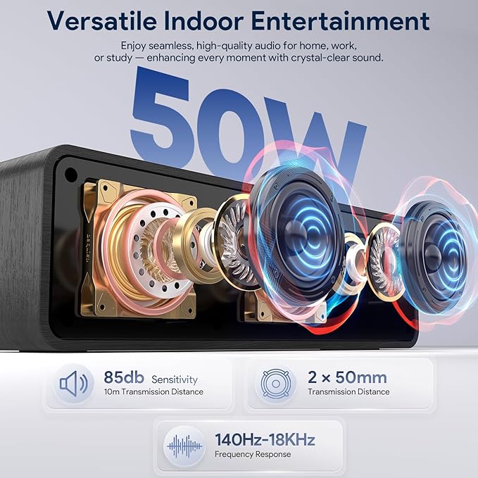 FULMINARE Portable Bluetooth Speaker for Home, Wooden Housing, 50W Deep Bass Stereo Sound, Bluetooth 5.3, 30H Playtime, 4-in-1 Playback, IPX5 Waterproof for Indoor & Outdoor Use