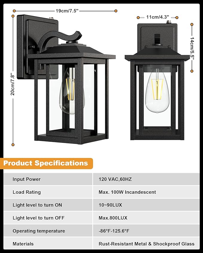 LTBLIGHT Dusk to Dawn Outdoor Lighting, Modern Black Waterproof Exterior Wall Sconce, Sensor Front Porch Lights with E26 Base for House Garage Patio Front Door, 120V
