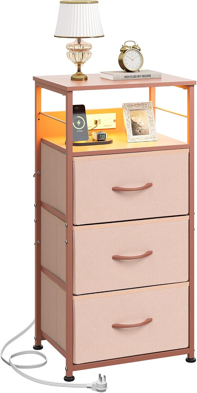 WLIVE Nightstand with Charging Station, 31.9" H Nightstand with 3 Fabric Drawers by WLIVE