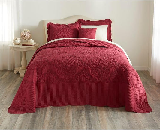 BrylaneHome Bedding Lightweight All Season Modern Amelia Quilted Damask Oversized Ultra Soft Bedspread - Queen, Berry