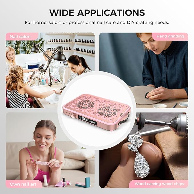 Woput Nail Dust Collector, 1600PA Professional Nail Vacuum Dust Collector Fan with Filter Papers (30 Pcs) for Acrylic Nail Polishing & Manicure at Nail Salon & Home - Pink