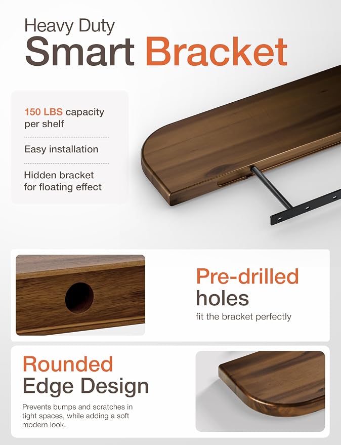 BATODA Floating Shelves for Wall, Round Edge, Walnut Color | Solid Acacia Wood - Image 3