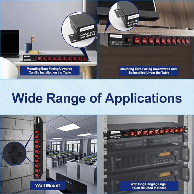 1U PDU Horizontal Rackmount Power Strip - Surge Protector 10 NEMA 5-15R Outlet 100V-240V/15A 1800 Joules, 10 Independent LED Switches, w/6 ft Cord, for Network Server, ETL Listed, by CENTROPOWER