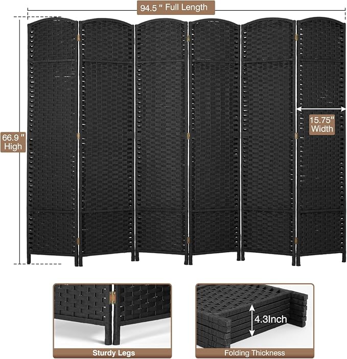 Room Divider 6 Panel 5.6 FT Tall Privacy Screen Waterproof Wood Frame Partition - Image 7