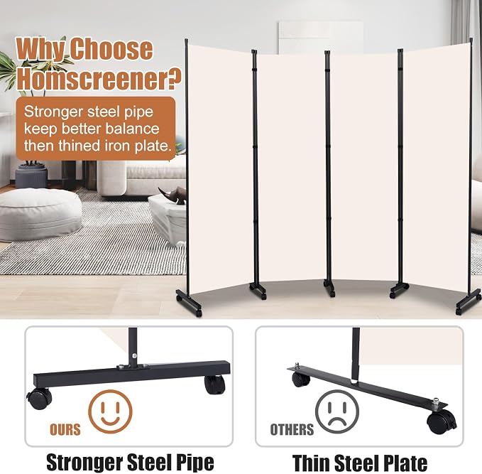 Room Divider 88'' Wide Folding Privacy Screens, 4 Panel Wall Divider w/Wheel | - Image 2