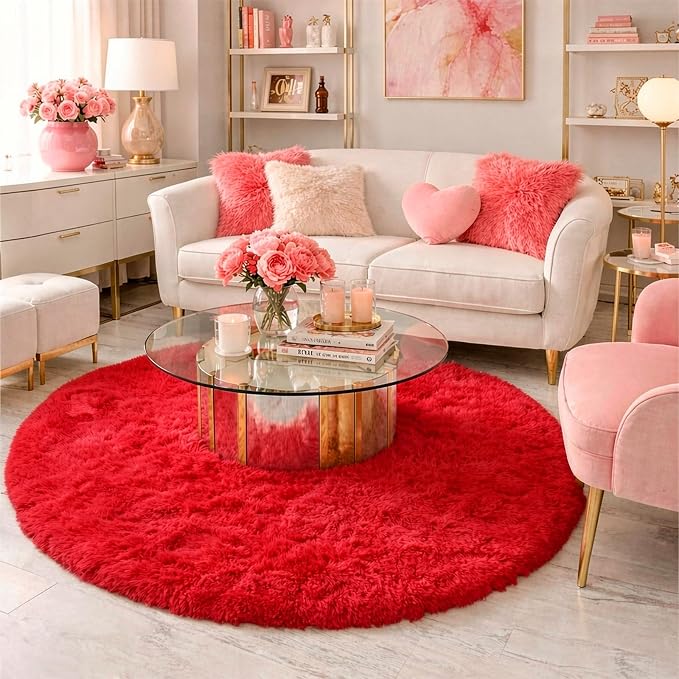 Amdrebio Red Furry Round Circle Area Rug 4Ft - Image 3