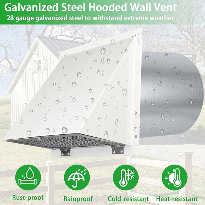 4 Inch Dryer Vent Cover Outside,Dryer Vent Cover Outdoor Exterior Vent Cover Wall Vent Dryer Exhaust Vent Cover Cap,Hooded Wall Vent with Screen & Damper for Dryer Duct AC HVAC,Galvanized Steel,White