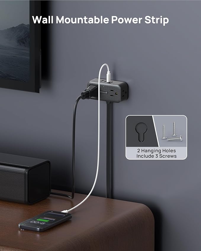 TROND 360° Rotating Flat Plug Power Strip 8ft, 4 Widely AC Outlets, Wall Mount - Image 7
