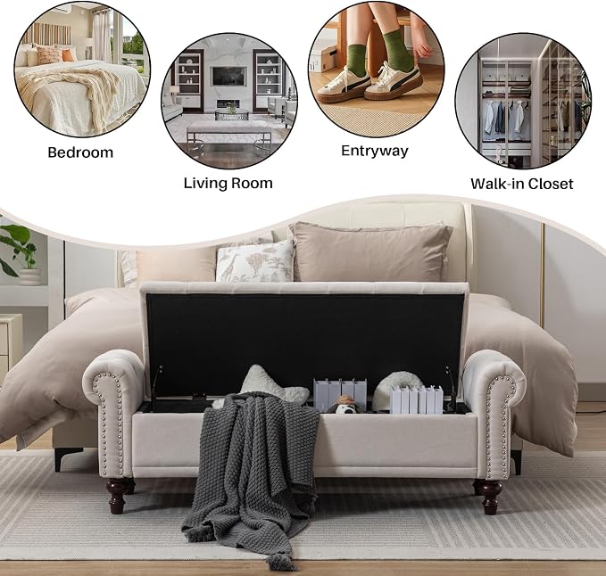 SOFTHION 58.1" Storage Bench for Bedroom, Linen Upholstered - Image 6