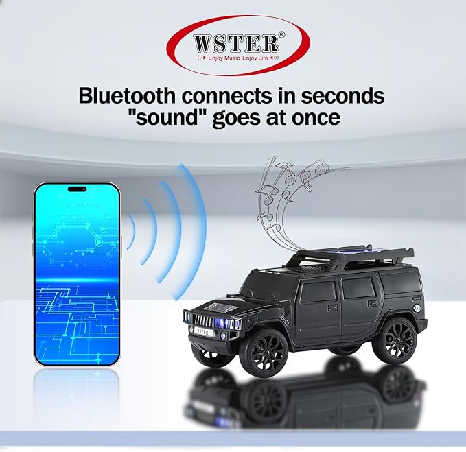 WSTER WS-696 Solar Bluetooth Replica Speaker – Portable Modern Off-Road Car Design with HD Sound, TWS, LED Party Light, USB/TF Playback, FM, Built-in Microphone, Surprise Gift(Black)