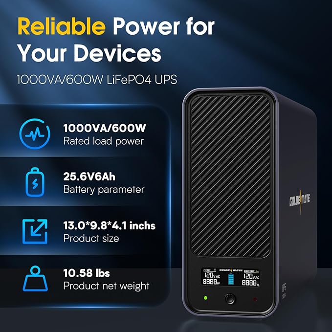 GOLDENMATE 1000VA/600W Lithium UPS Battery Backup & Surge Protector, Backup Battery Power Supply with LiFePO4 Batteries(153.6 Wh), Sinewave UPS System, 10 Years Lifespan, 8 Outlets, LCD Display, Gray