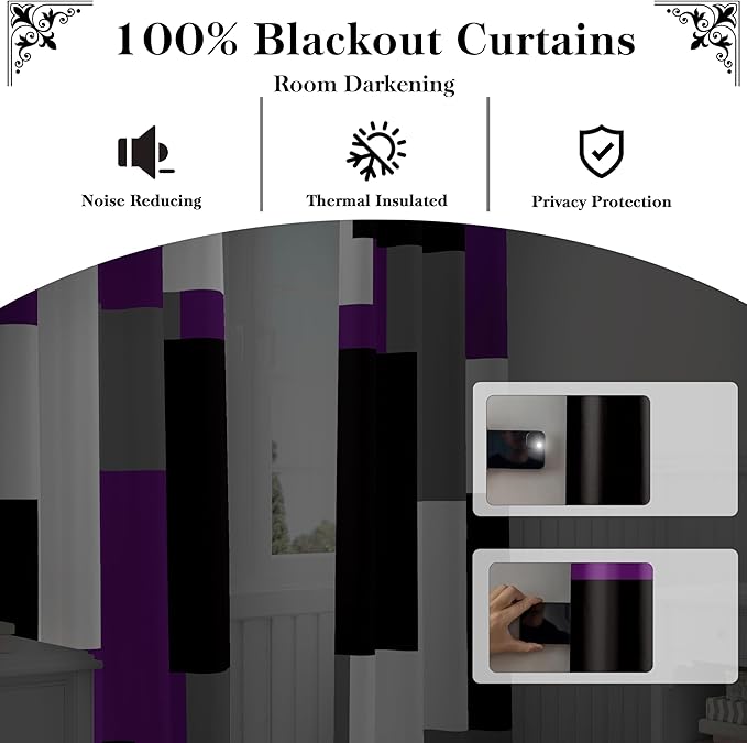 Purple 100% Blackout Curtains for Bedroom 63 inch Length 2 Panels Set Black Grey Modern Abstract Geometric Black Out Curtains Insulated Room Darkening Window Drapes for Living Room, 42Wx63L