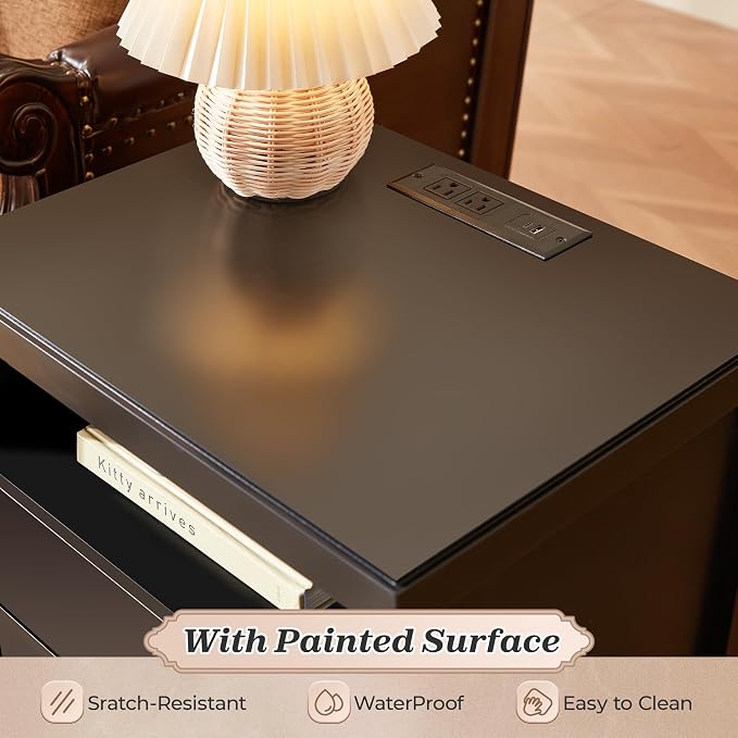 Huuger Nightstand with Charging Station, Bedside Table with Storage, Modern - Image 7