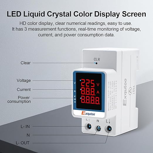 Exqutoo Digital Display Energy Meter - AC Rail-Mounted Meter Electricity Usage Monitor for Voltage, Current, and Energy Consumption Measurement - GT2P-UID, AC 80~270V, 0~100A, 50/60Hz
