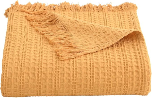 100% Cotton Waffle Blanket with Fringe, Pre-Washed Waffle Weave Blanket for All Season, Lightweight Breathable Soft Cozy Throw Blanket for Couch, Bed, Travel (Mustand Yellow - 50x60 Inches)