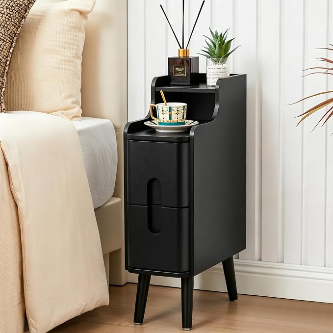 Black Narrow Nightstand, Wood 2 Drawer Small Nightstand, Slim Side Table - Image 7