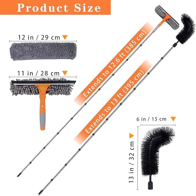 MC-Hotfire 12.5 FT Window Cleaning Kit with 10-Section Extension Pole, Silicone Squeegee, Window Washer & Gutter Cleaning Brush for High Windows, Glass, Cars & Gutters