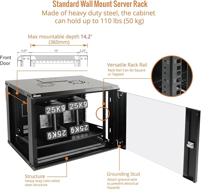 Tecmojo 9U Wall Mount Server Cabinet IT Network Rack Enclosure Lockable Door and Side Panels Black,Cooling Fan, Glass Door, 17.7inch Depth,for 19” IT Equipment, A/V Devices