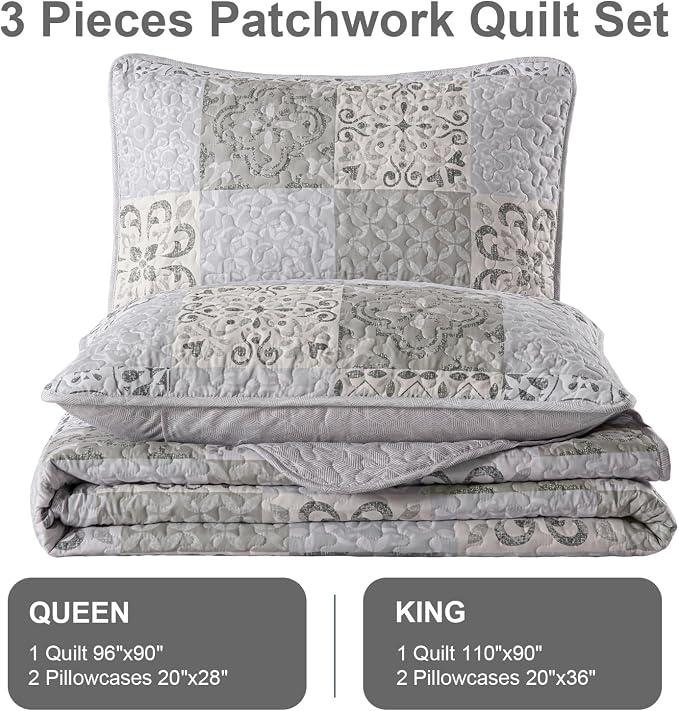 Dobuyly Queen Size Quilt Set Boho Grey Beige Plaid Patchwork Bedspreads - Image 8