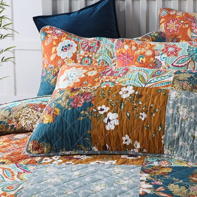 Autumn Dream Cotton Bedspread Yellow Grey Patchwork Quilt, Queen Size - Image 4