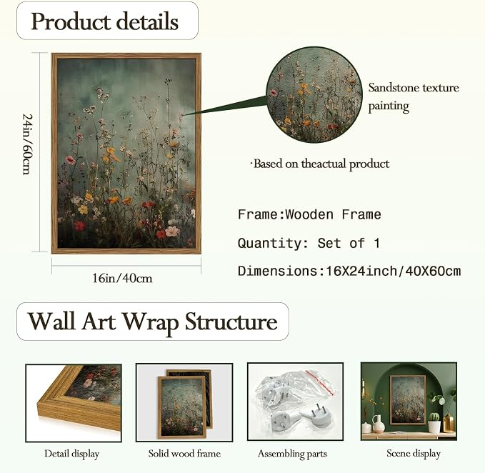 Vintage Wildflower Wall Art, Hand Drawn Sandstone 3D Textured Farmhouse - Image 3