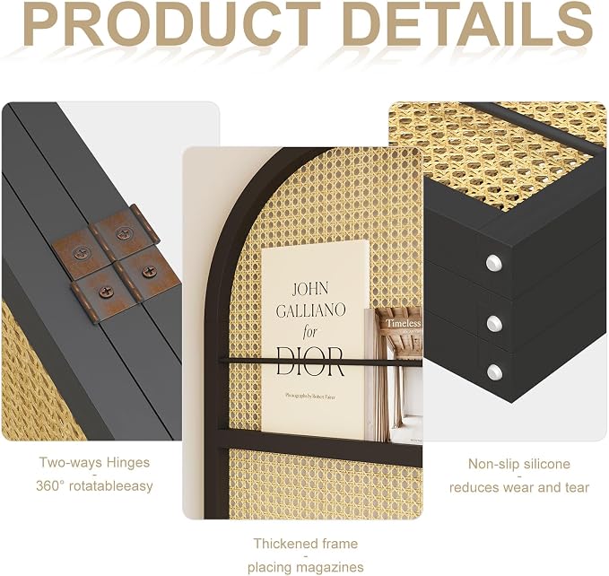 Rattan Room Divider with Built-in Bookshelf | Foldable Privacy Screen & - Image 3
