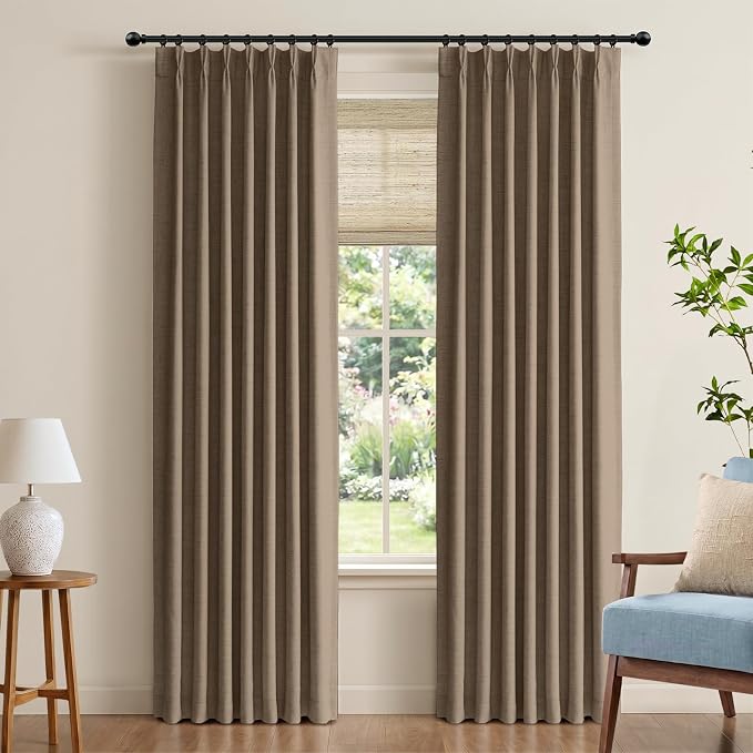 Pinch Pleated Full Blackout Faux Linen Curtains 96 Inches Long | Linen Brown by 100BlackoutShield