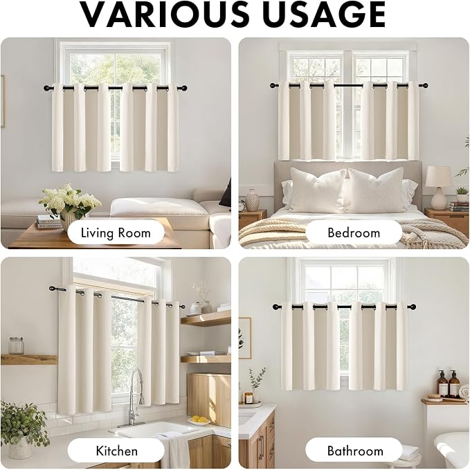 Short Beige White Blackout Kitchen Curtain W40 x L45 Inch 2 Panels | Thermal - Image 5