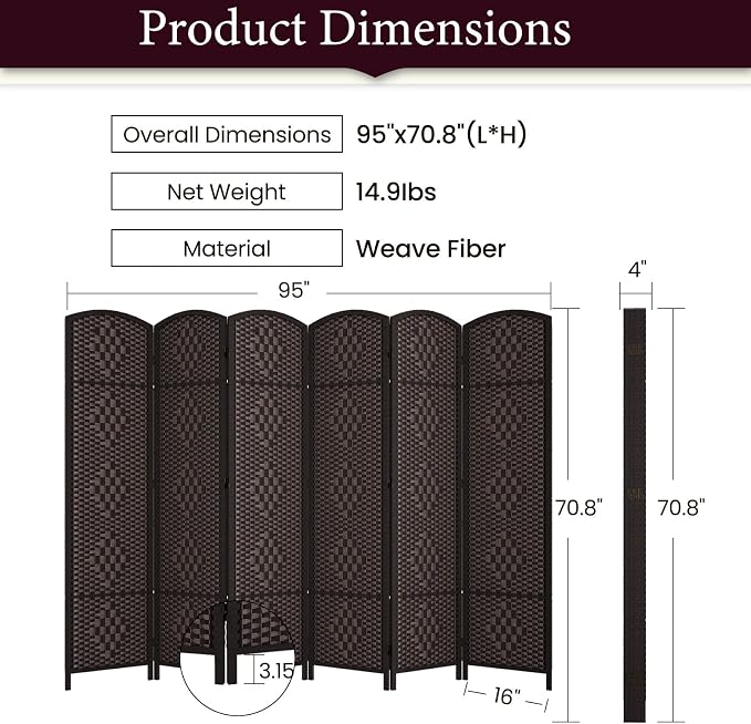 RHF Room Divider Panel, 6 Panel Partition Room Dividers Screen, Dark Mocha | - Image 3